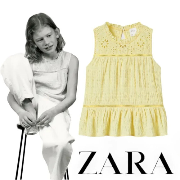 ZARA Kids | Yellow | LACE TRIM TEXTURED LACE INSERT BLOUSE - Picture 1 of 4